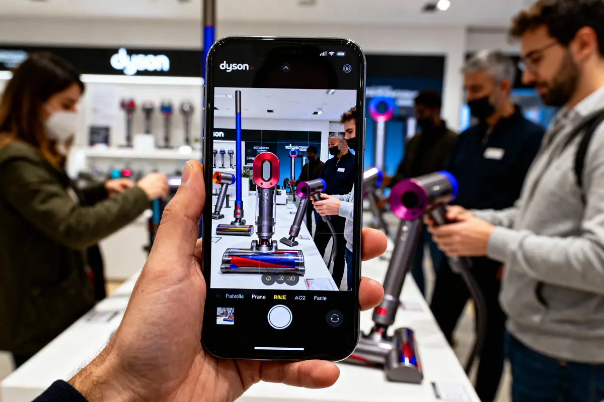 Des clients testent des aspirateurs Dyson dans un magasin, photographiés via un smartphone.