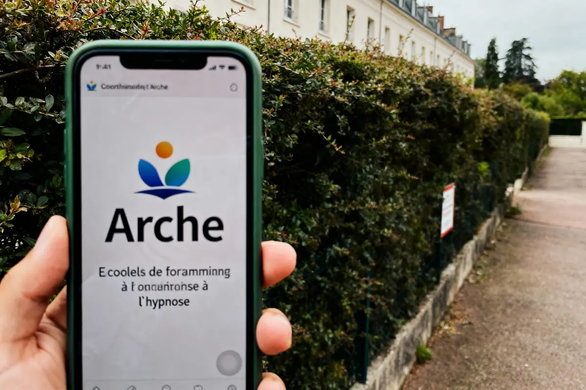 Smartphone affichant le logo "Arche" devant des haies vertes et bâtiments résidentiels en arrière-plan.