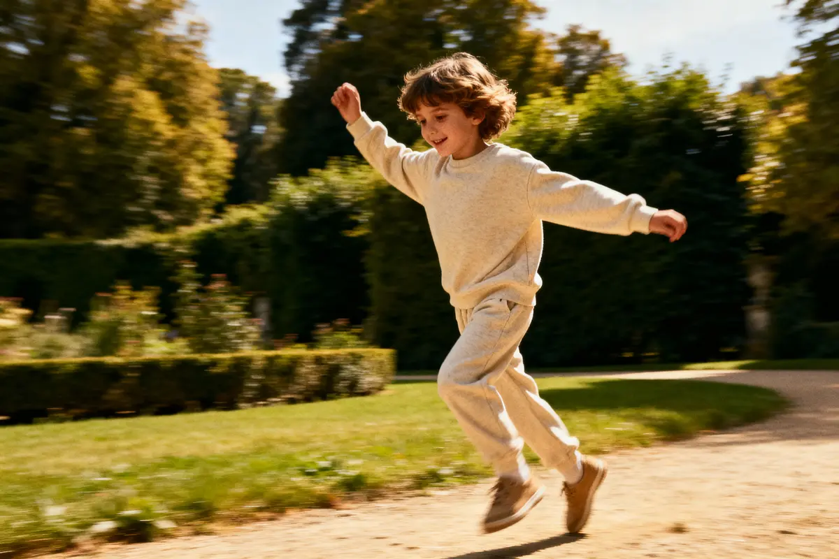 Enfant sautant joyeusement dans un jardin ensoleillé, portant un ensemble beige décontracté.