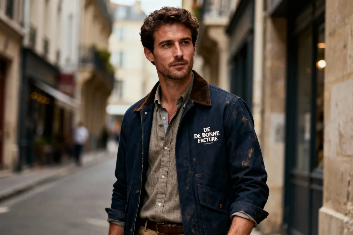 Homme portant veste bleu "De Bonne Facture" dans une rue urbaine, ambiance décontractée et élégante.