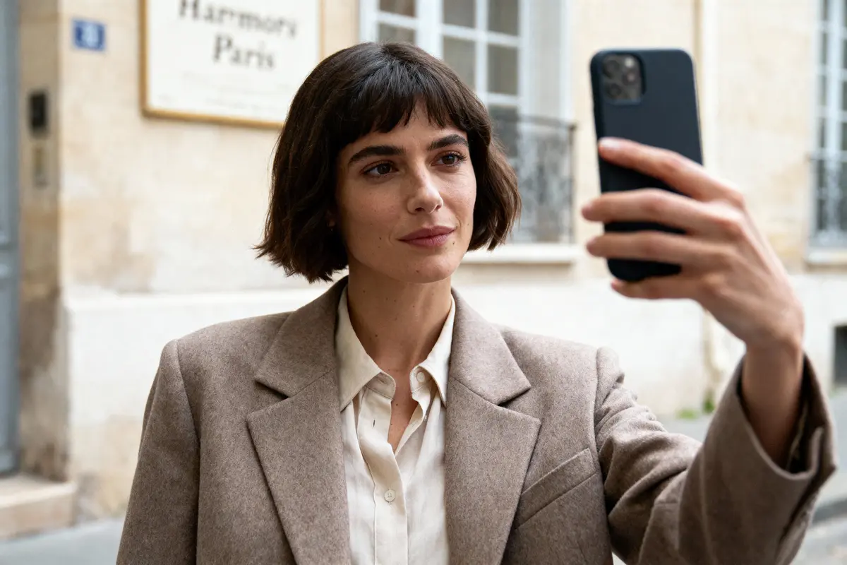 Une personne en manteau beige prend un selfie avec un smartphone, arrière-plan urbain flou.