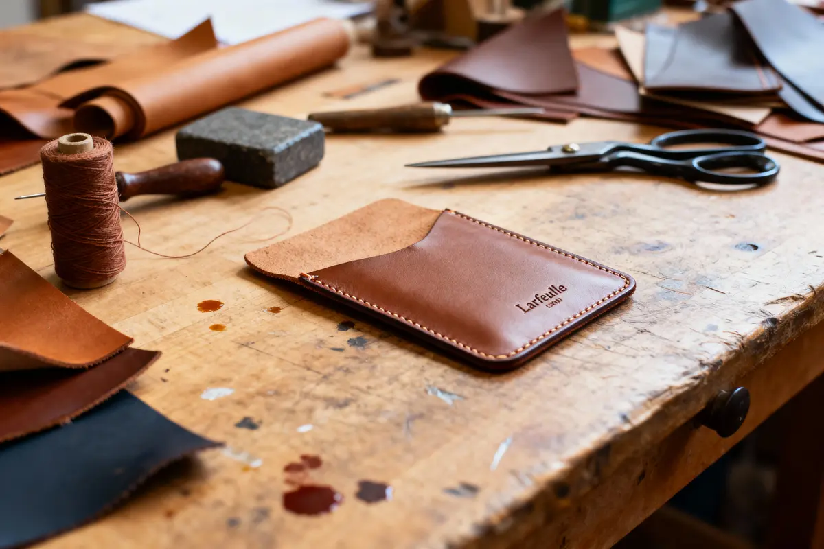 Établi de travail du cuir avec portefeuille finition artisanale, ciseaux, fil et aiguilles.