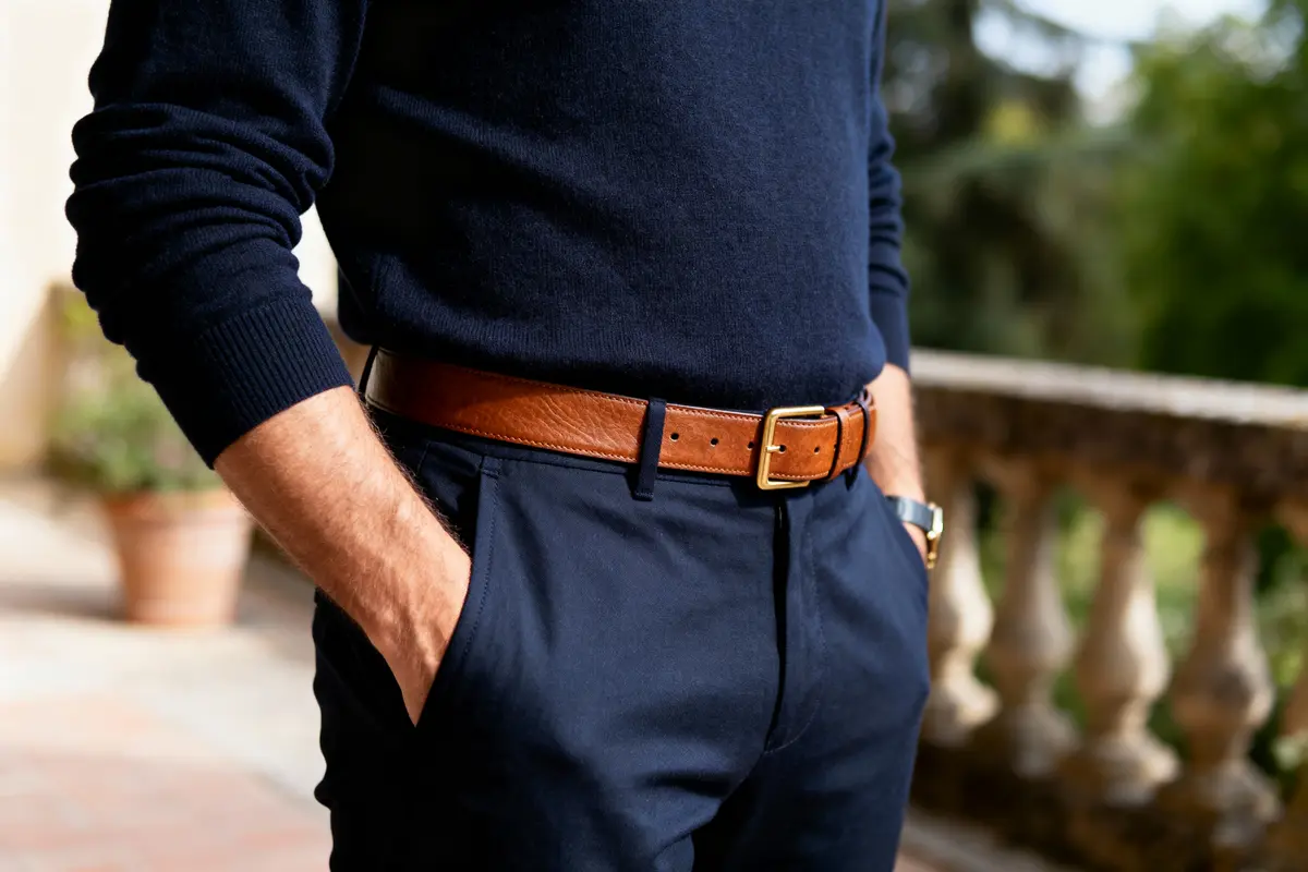 Personne en pull bleu et pantalon, ceinture marron, posant sur une terrasse extérieure ensoleillée.