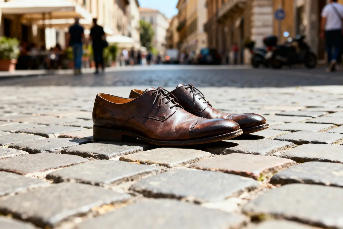 Chaussures en cuir marron sur rue pavée ensoleillée, arrière-plan flou de personnes et bâtiments.