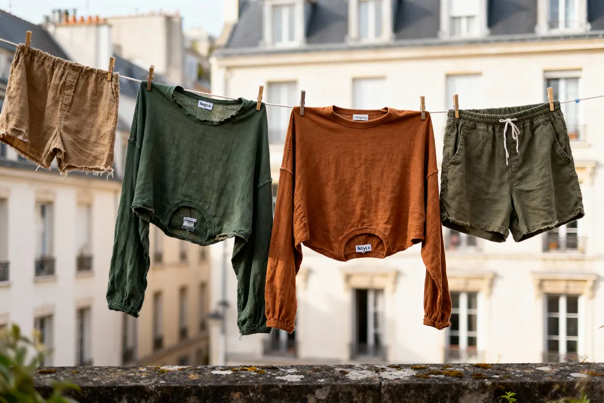 Quatre vêtements suspendus sur une corde à linge extérieure, deux pulls et deux shorts, urbanisation en arrière-plan.