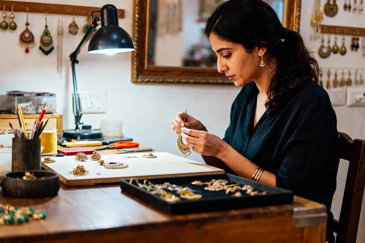Femme artisan bijoutière créant des boucles d'oreilles dans un atelier, éclairée par une lampe, outils autour.