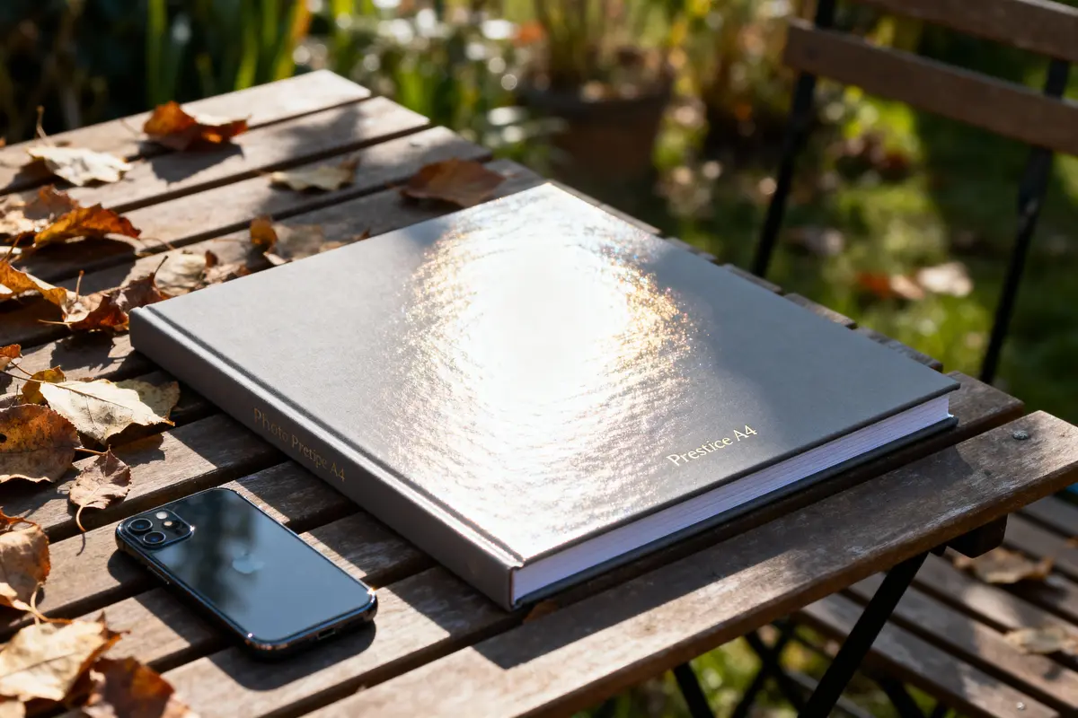 Livre "Prestige A4" et smartphone sur table en bois, entourés de feuilles mortes, en extérieur ensoleillé.