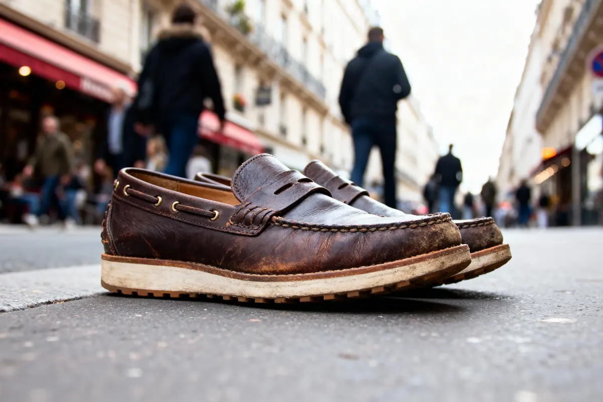 Paire de chaussures marron en cuir usé posée sur une rue pavée, avec des passants flous à l'arrière-plan.