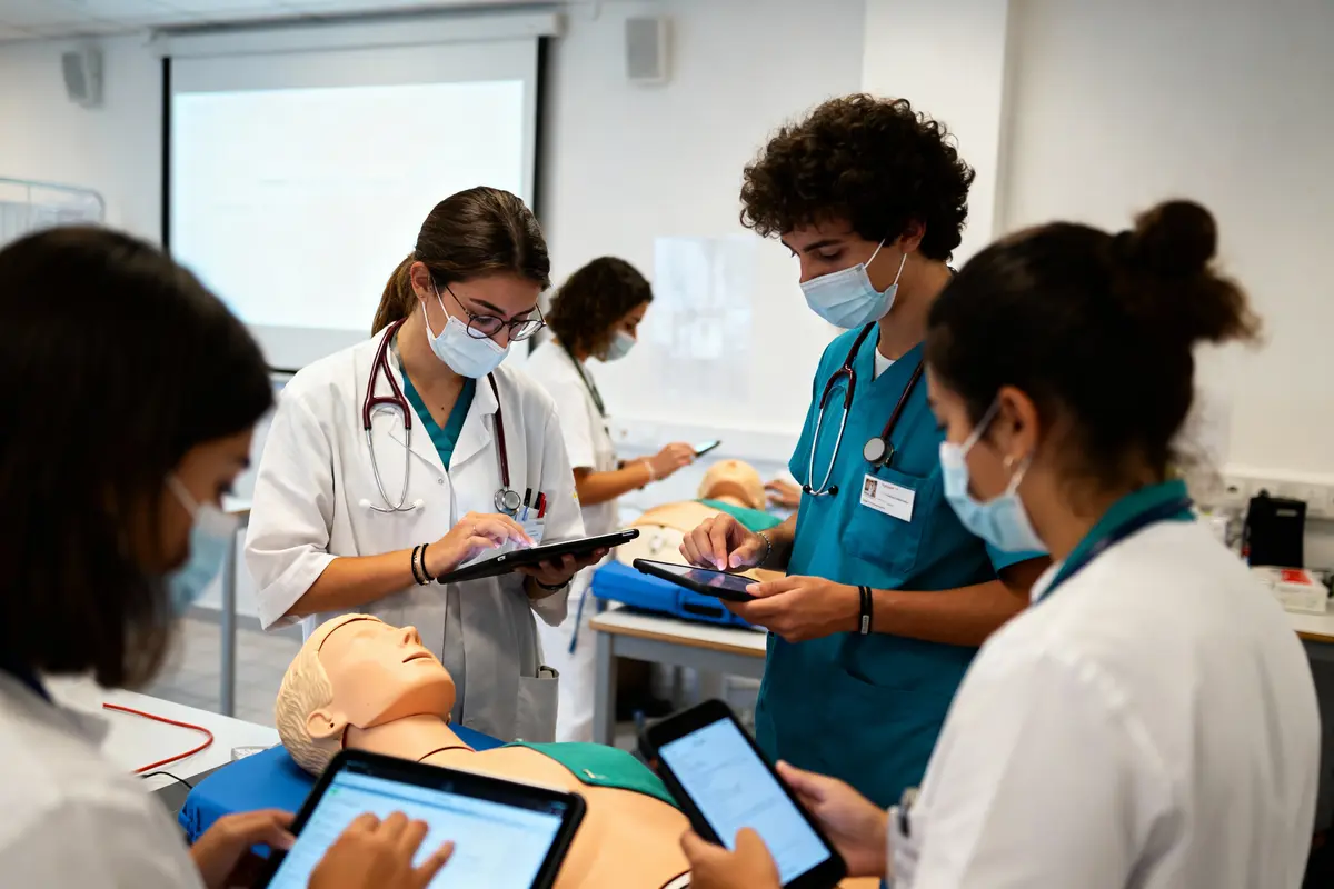 Des étudiants en médecine pratiquent sur des mannequins, utilisant des tablettes, masqués. Salle de formation clinique.