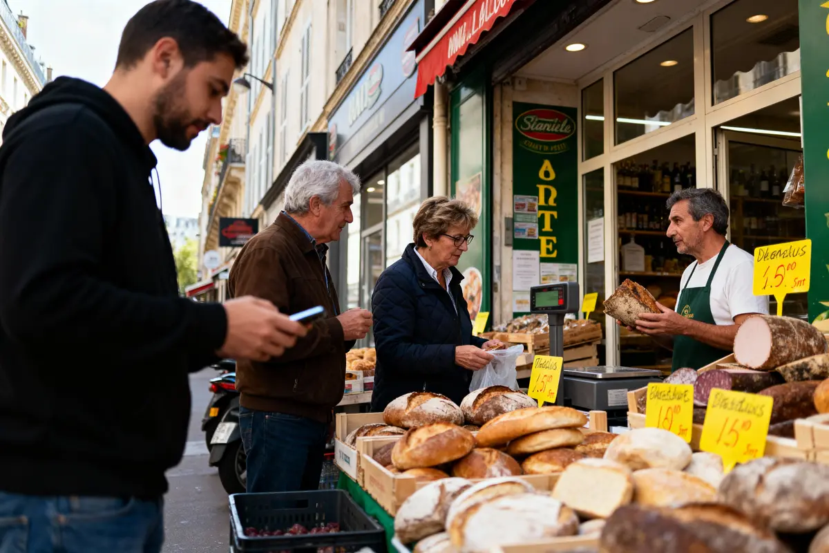 Un marché de rue avec des personnes achetant du pain chez un boulanger, panneau de prix visible.