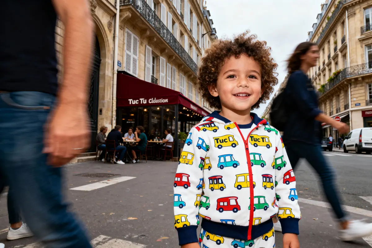 Enfant souriant en tenue colorée sur rue parisienne, passants flous, café en arrière-plan.