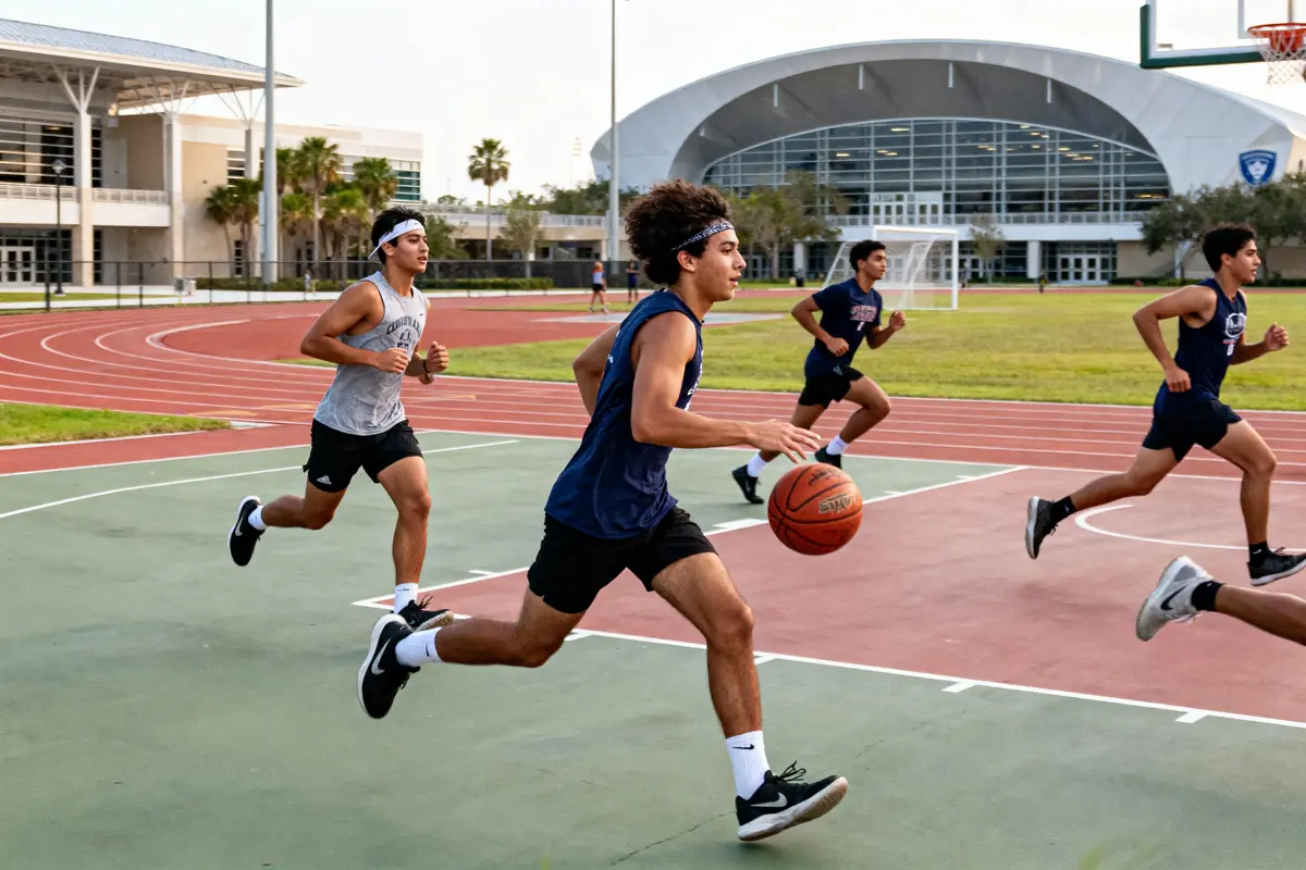 Joueurs de basketball courent sur un terrain extérieur près d'une piste et d'un grand bâtiment moderne.