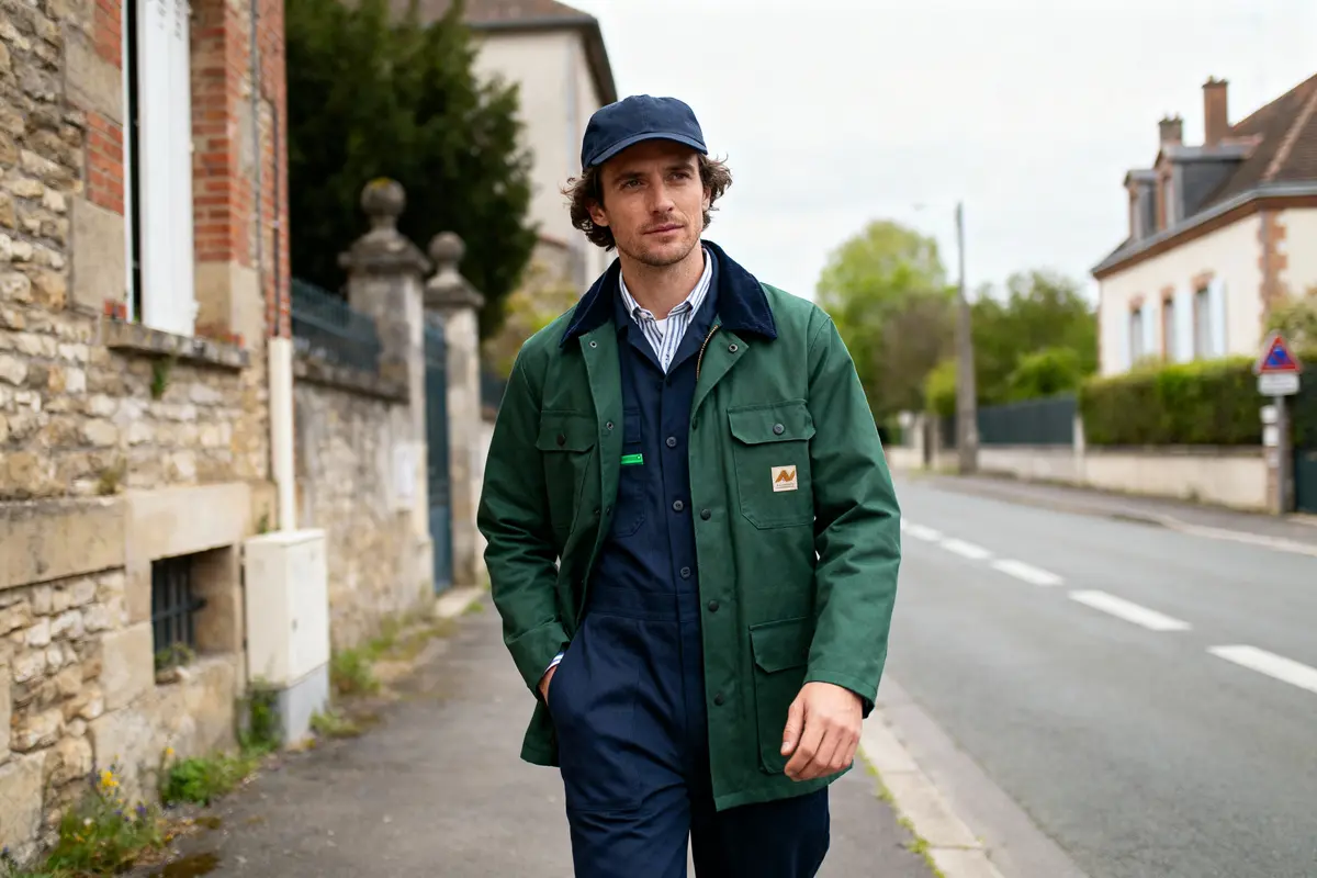 Homme marchant sur un trottoir, portant une veste verte et casquette bleue, bâtiments en arrière-plan.