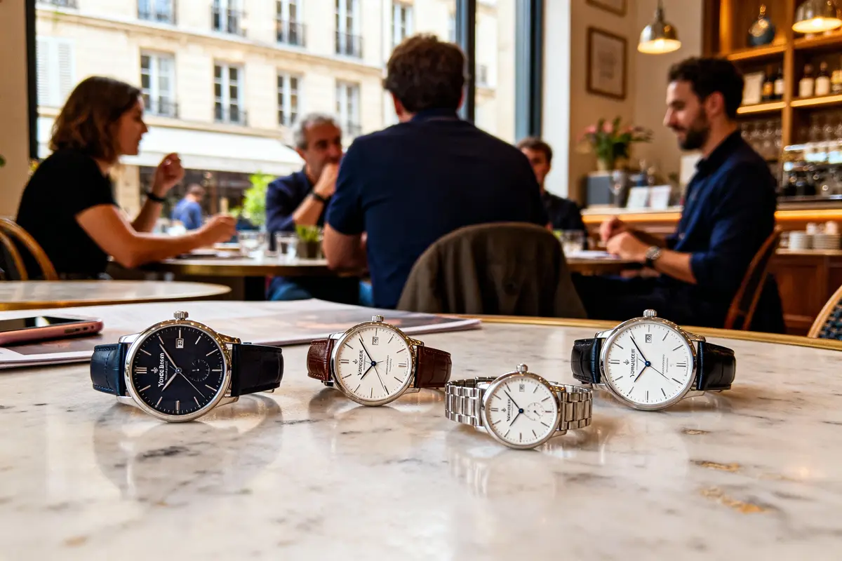 Montres élégantes posées sur une table en marbre, fond de personnes discutant dans un café.