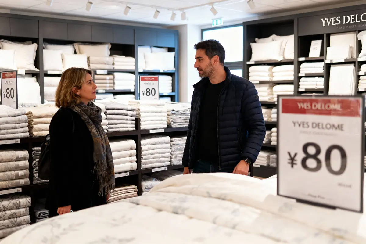 Deux personnes discutant dans un magasin de linge de maison, étagères de draps et serviettes affichant le prix.
