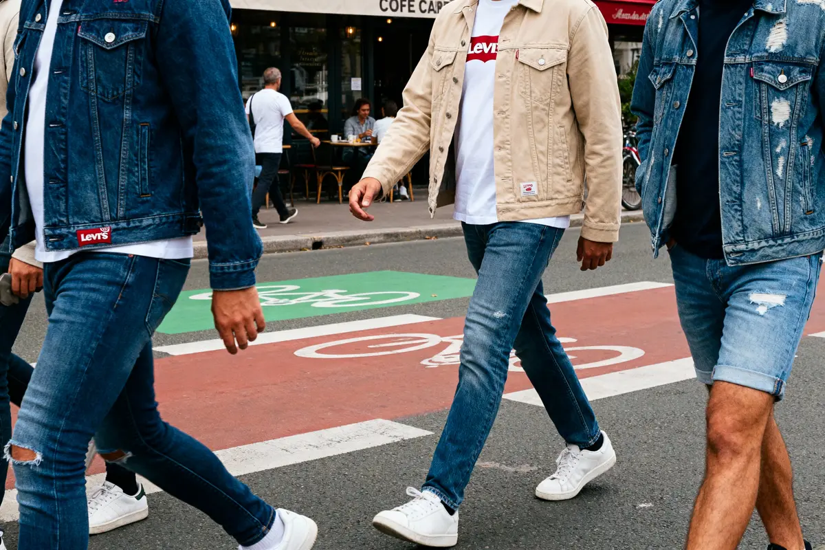Personnes marchant sur une piste cyclable, portant des vestes en jean et des baskets blanches, devant un café.