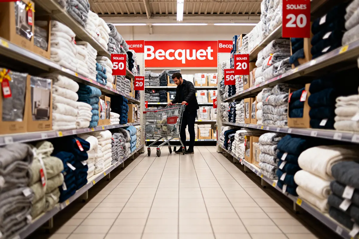 Homme avec chariot dans un magasin, promos sur serviettes, enseigne Becquet, allée centrale, sol carrelé.