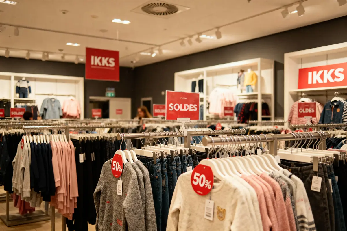 Boutique IKKS avec vêtements en solde, portant étiquettes de réduction à 50%, présentés sur des portants.
