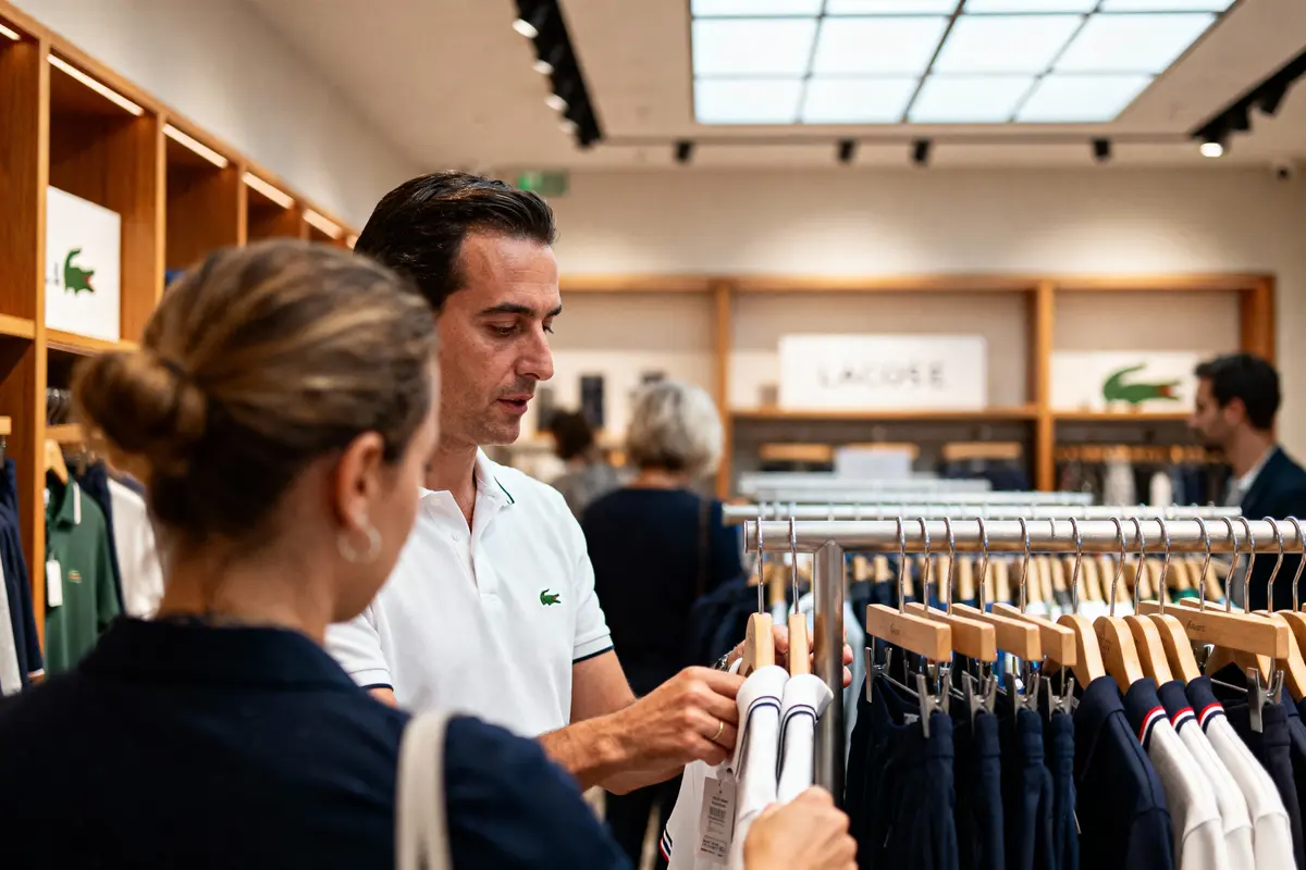 Deux personnes choisissent des vêtements dans un magasin Lacoste lumineux, avec portants de vêtements en arrière-plan.