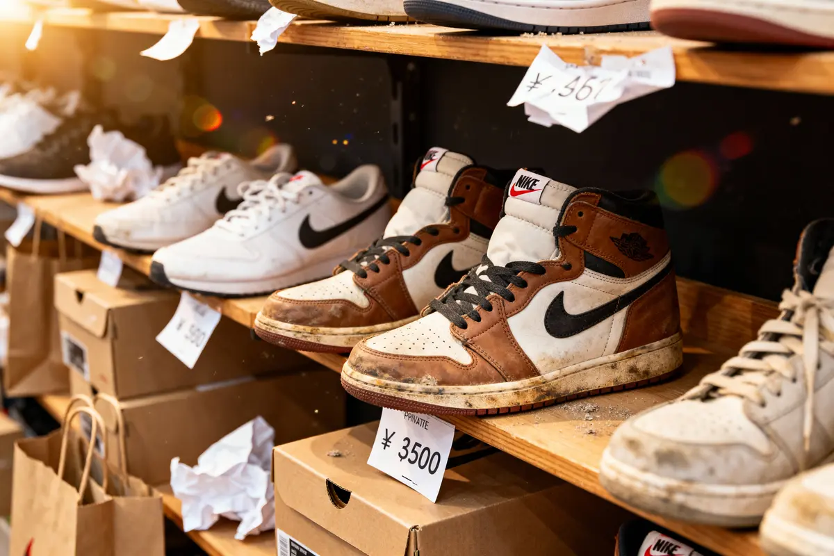 Étagère de baskets Nike vintage usées, prix affichés en yens, éclairage lumineux.