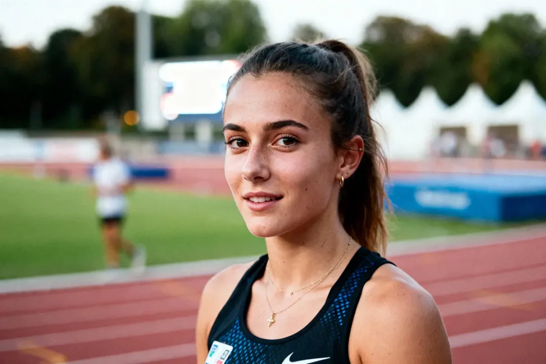 Jeune femme athlète sur piste d'athlétisme en extérieur, regardant l'appareil photo, journée ensoleillée.