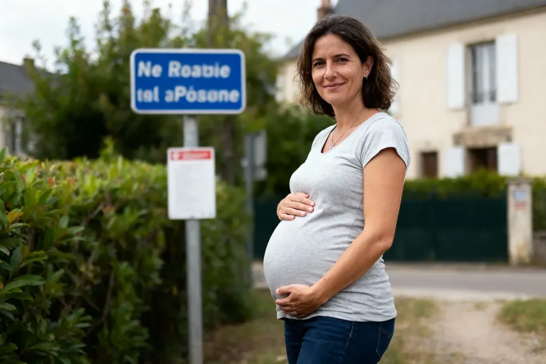 D'accord. Voici une description alternative : Femme enceinte souriante, t-shirt gris, devant panneau bleu illisible, fond de maison et végétation floue.