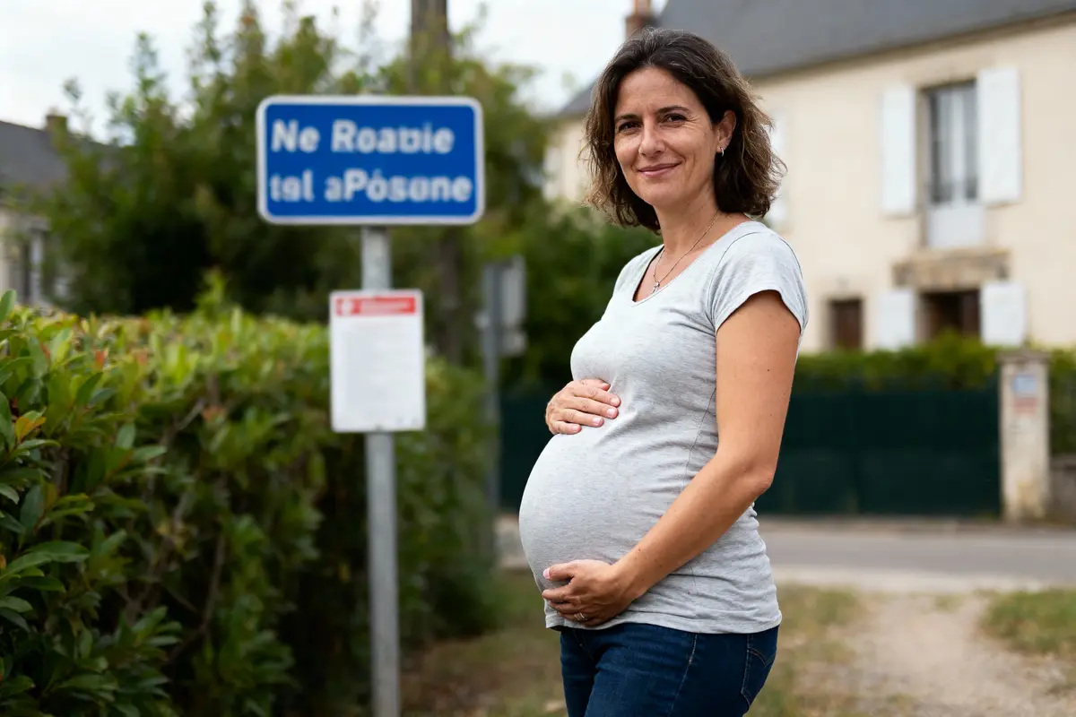 D'accord. Voici une description alternative : Femme enceinte souriante, t-shirt gris, devant panneau bleu illisible, fond de maison et végétation floue.