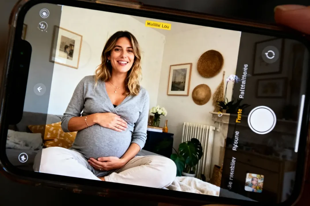 Femme enceinte souriante assise, photographiée sur smartphone dans un salon décoré de cadres et paniers muraux.