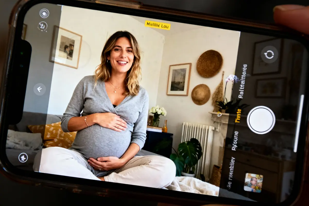 Femme enceinte souriante assise, photographiée sur smartphone dans un salon décoré de cadres et paniers muraux.