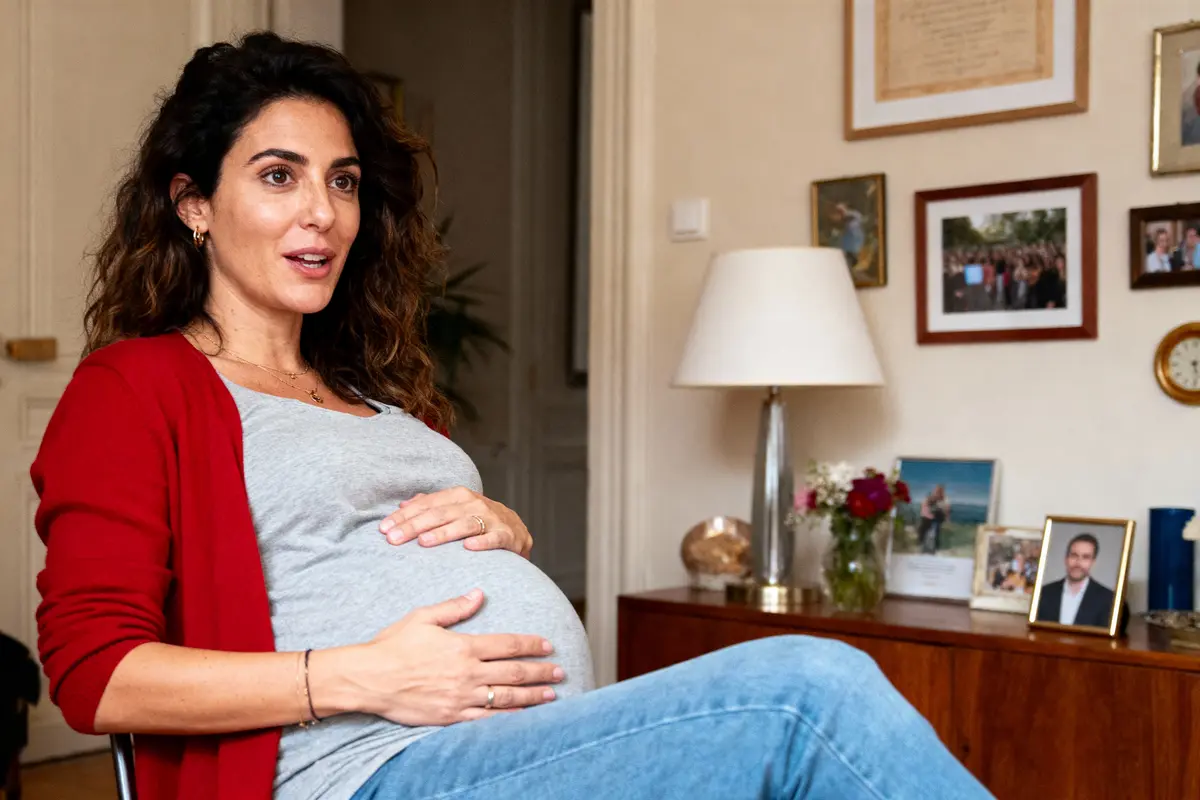 Femme enceinte assise, main sur le ventre, dans un salon décoré de photos et d'une lampe.