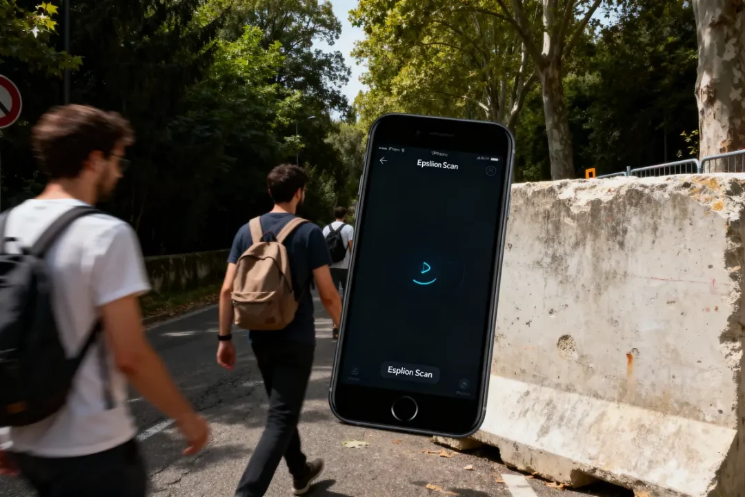 Jeunes marchant sur route boisée, smartphone affichant "Epsilon Scan" superposé devant une barrière en béton.