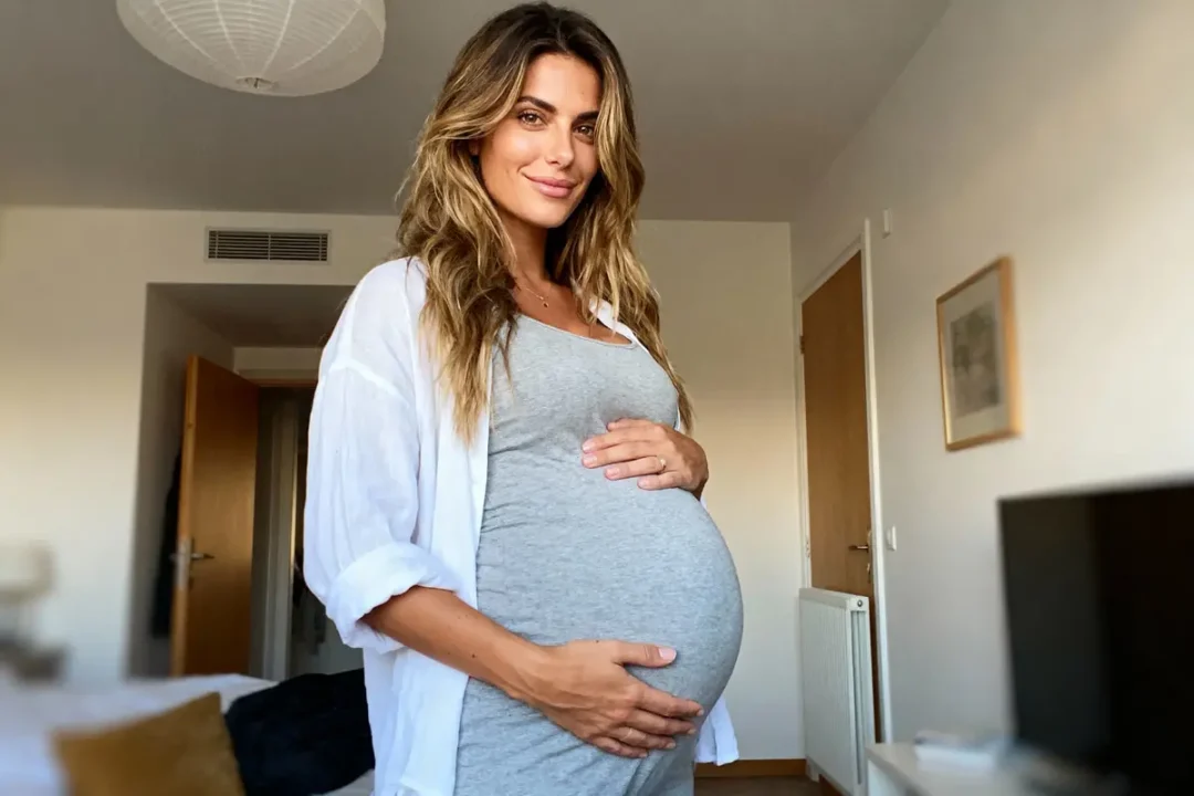 Femme enceinte souriante en robe grise, pose dans une chambre lumineuse, mains sur le ventre.