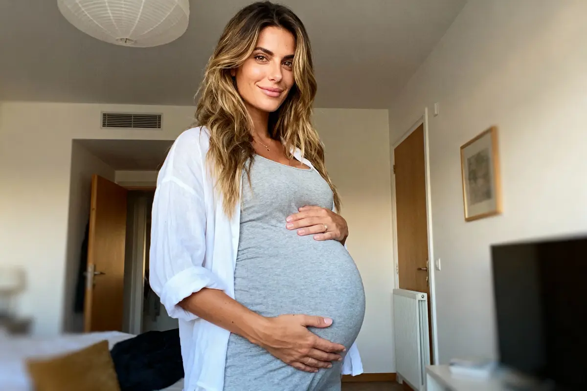 Femme enceinte souriante en robe grise, pose dans une chambre lumineuse, mains sur le ventre.