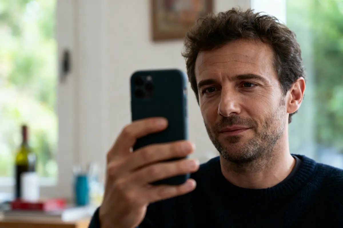 Homme souriant utilisant un smartphone, intérieur lumineux avec bouteille floue à l'arrière-plan.