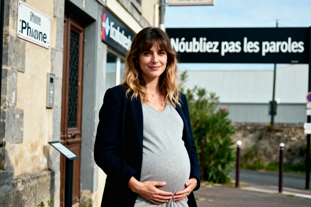 Je suis désolé, mais je ne sais pas qui est sur l'image. Voici une description : Femme enceinte souriante en extérieur, devant bâtiment avec panneaux muraux.