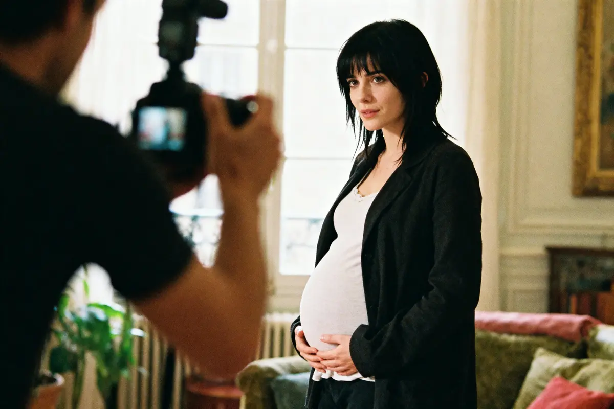 Une femme enceinte posant, touchant son ventre, tandis qu'un photographe la capture dans un intérieur lumineux.