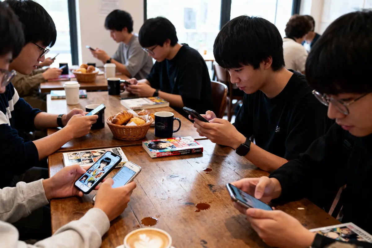 Jeunes personnes lisant des mangas sur smartphones dans un café, entourées de livres et pâtisseries.