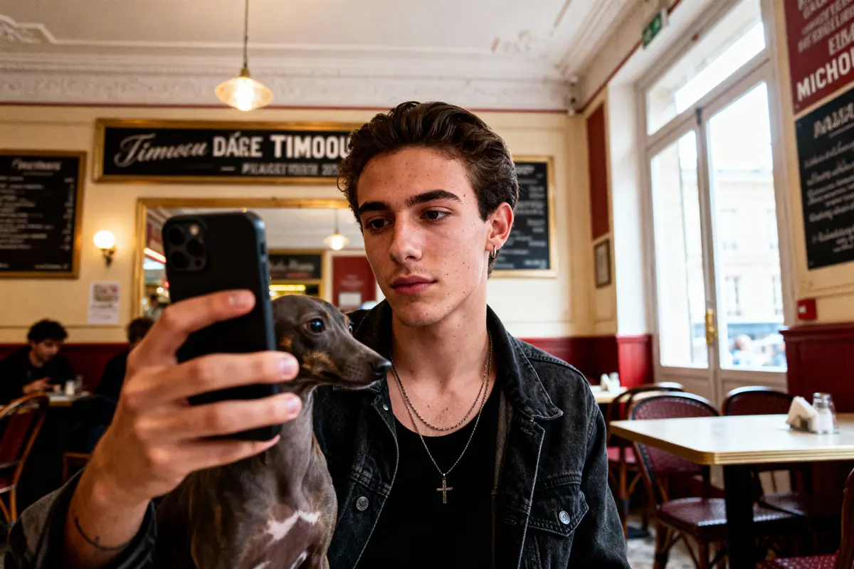 Un jeune homme tenant chien et smartphone dans un café, décor intérieur rétro, lumières et affiches visibles.