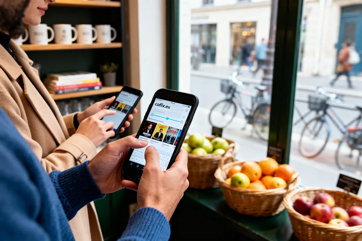 Personnes utilisant des smartphones dans un café, avec paniers de fruits au premier plan et vélos à l'extérieur.