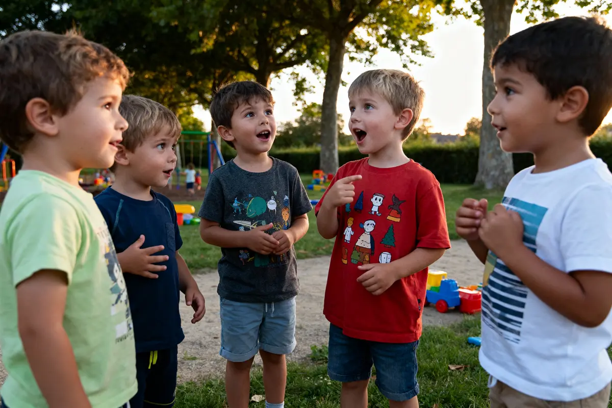 Cinq enfants jouent et discutent joyeusement dans un parc, entourés de jouets colorés et de verdure.