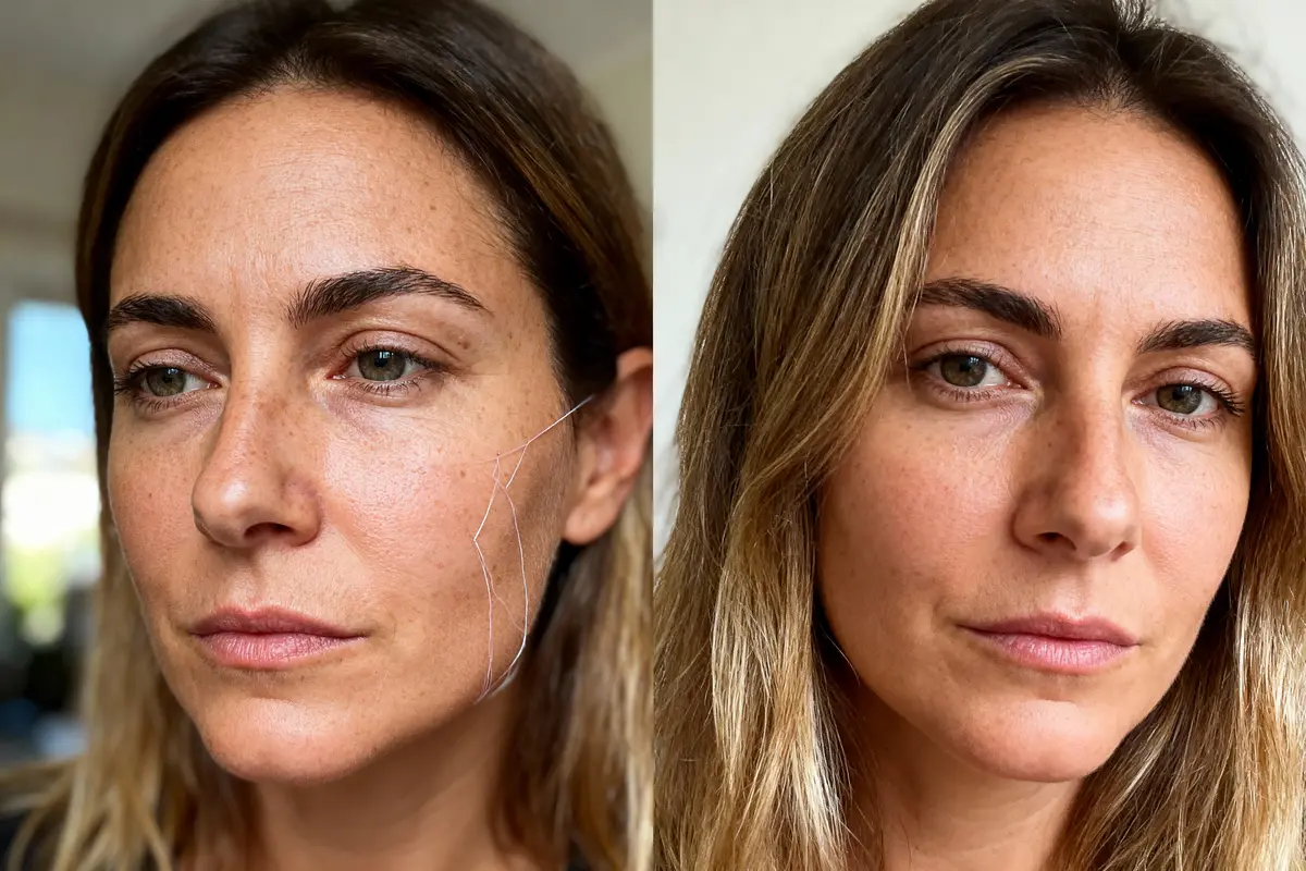 Femme avec expression neutre, comparée avant et après traitement esthétique du visage, lumière naturelle.