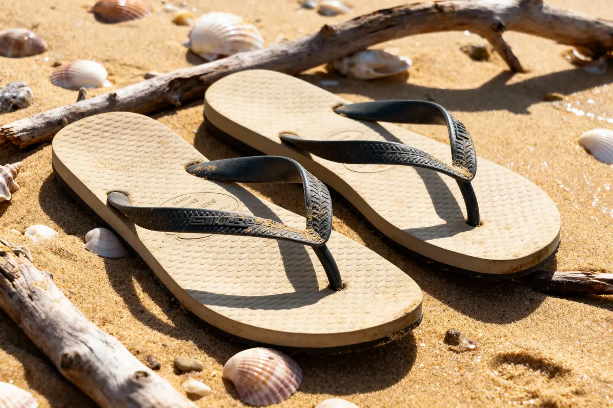 Tongs beiges sur sable avec coquillages et morceaux de bois flotté, lumière ensoleillée.