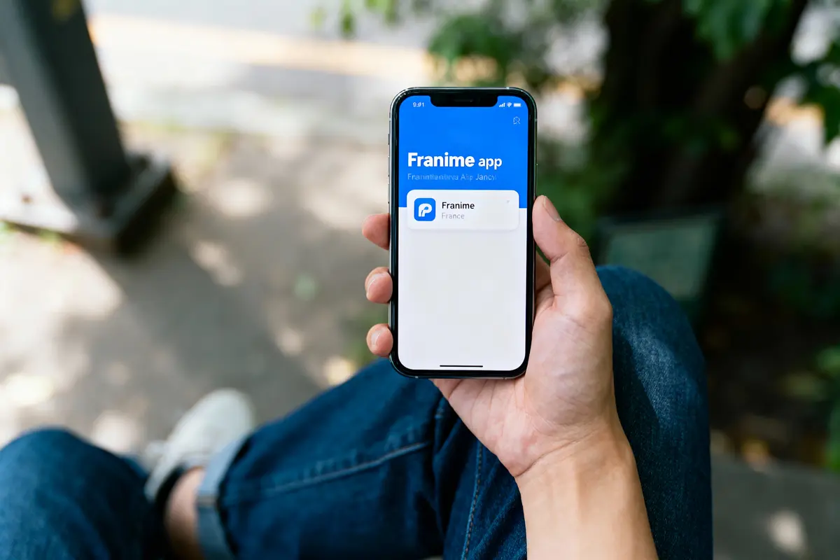 Une main tient un smartphone affichant l'application Franime, avec arrière-plan flou de nature urbaine.