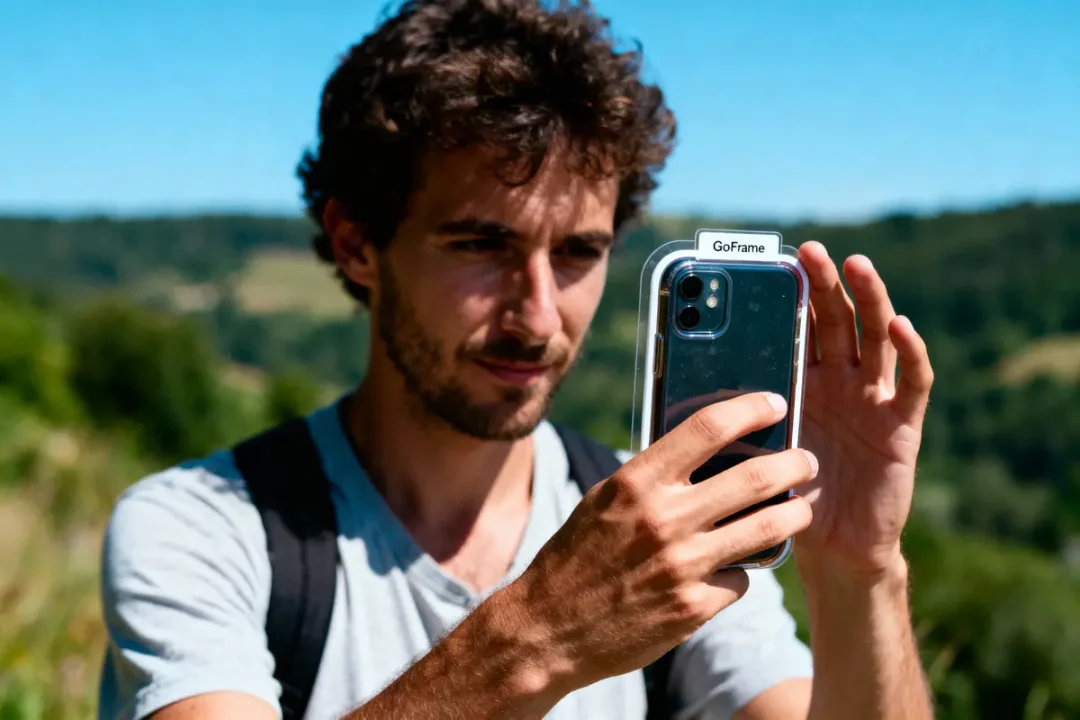 Homme prend une photo avec smartphone en plein air, utilisant un GoFrame dans un paysage naturel ensoleillé.