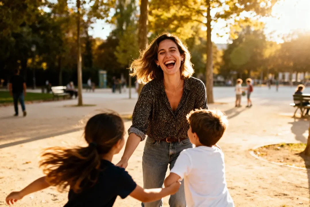 Une femme riant avec deux enfants dans un parc ensoleillé, entourés d'arbres et de passants.