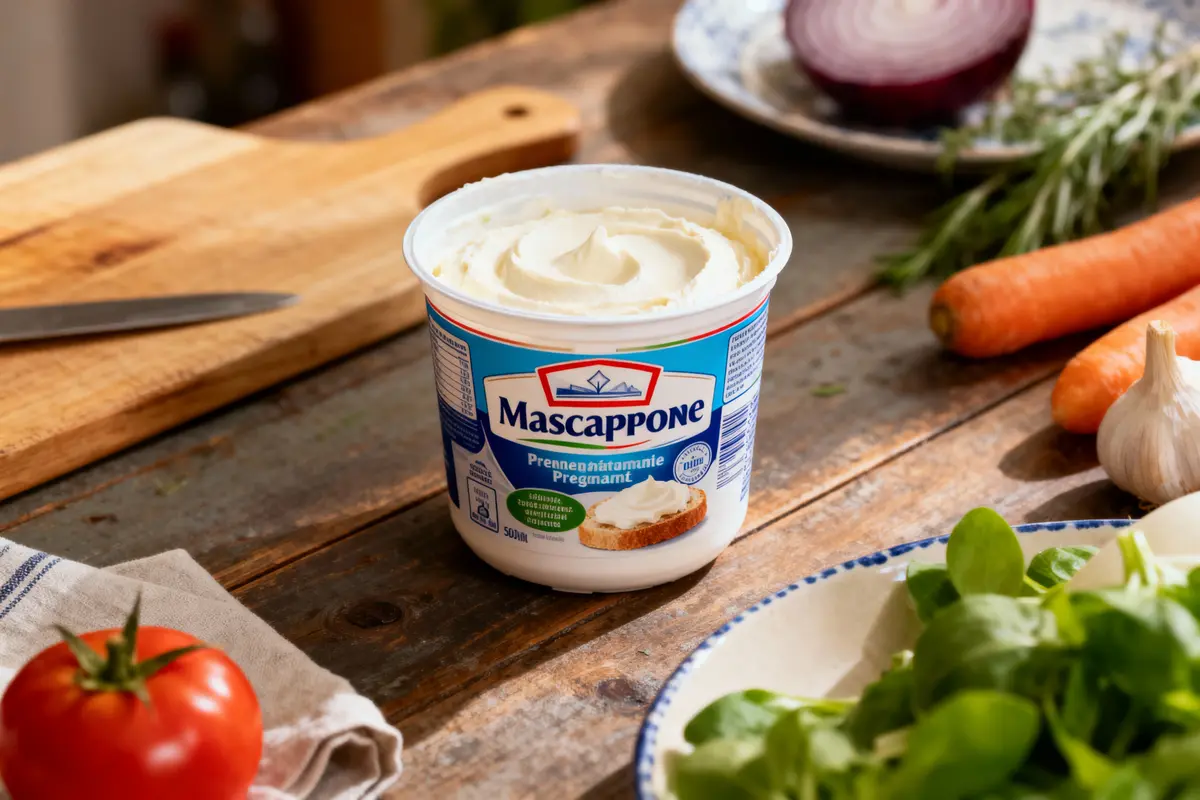 Pot de mascarpone sur une table, entouré de légumes et d'une planche à découper avec couteau.