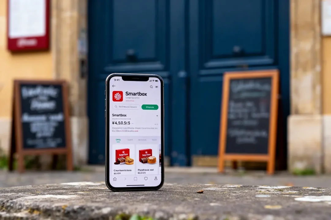 Smartphone affichant l'application Smartbox devant une porte bleue et deux panneaux noirs flous à l'arrière-plan.