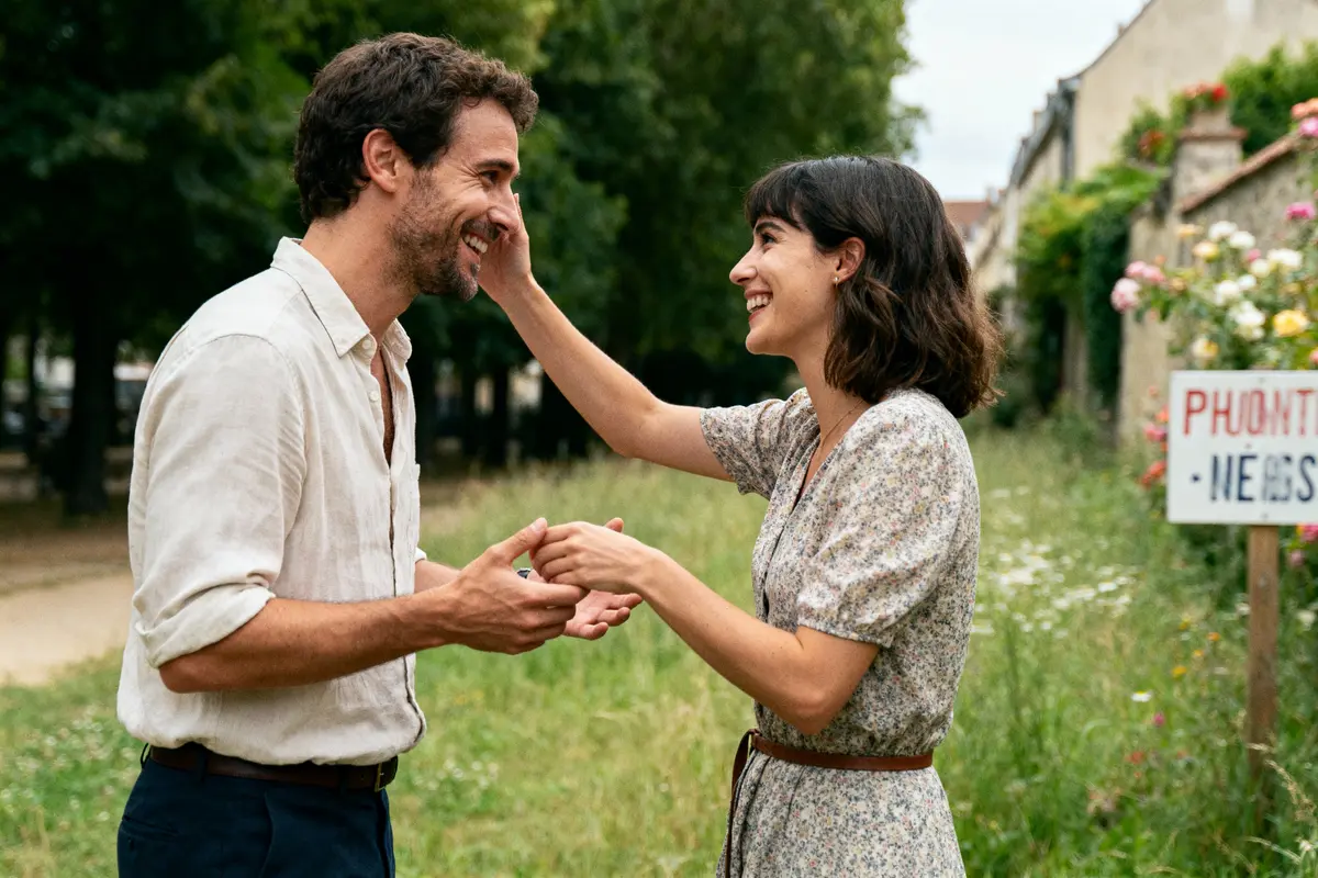 Un homme et une femme souriants se regardent dans un jardin fleuri.
