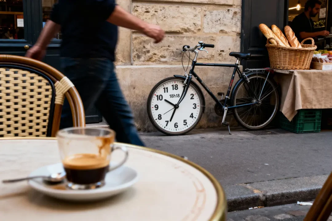 Café en terrasse, homme marchant, vélo avec cadran d'horloge, panier de baguettes devant une boulangerie.
