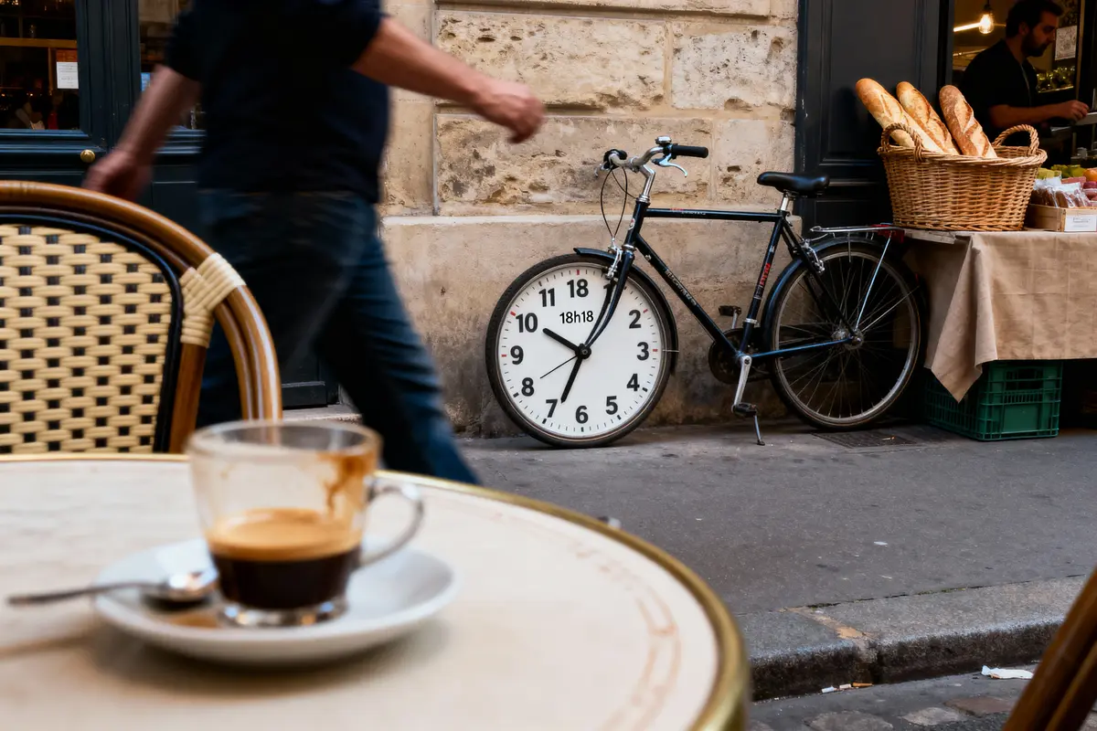 Café en terrasse, homme marchant, vélo avec cadran d'horloge, panier de baguettes devant une boulangerie.